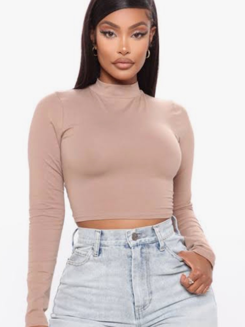 NEW WITH TAGS : Fashion Nova Nude Long Sleeve Mock Neck Crop Top (#113)